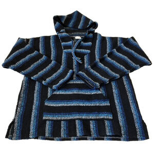La Casa De Del Sarape Womens Knitted Poncho Hoodie Size L Blue Striped Pockets
